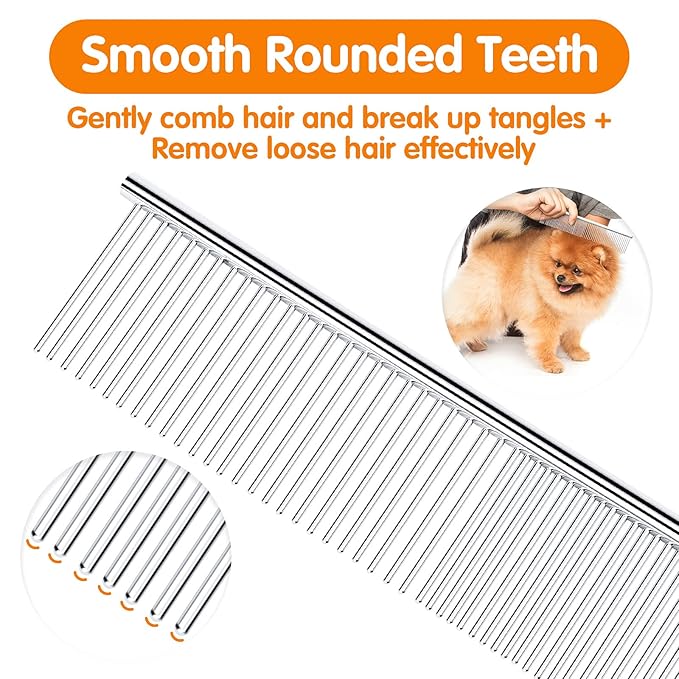 PETTOM Pet Steel Grooming Tool Poodle Finishing Butter Comb 7 1/2-inch L Silver Dog Combs with Rounded Ends Stainless Steel Teeth, Cat Comb for Removing Tangles and Knots
