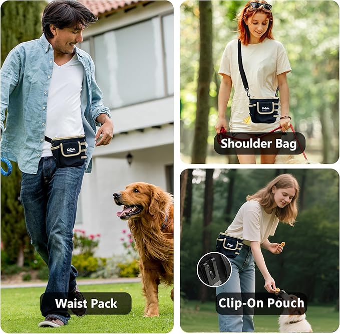 Dog Treat Pouch with Quick-Release Magnetic Closure, 3-Way Wear Treat Bags, 900D Waterproof Fabric, 4 Storage Spaces, Treat Pouch for Pet Training Walking (Black)