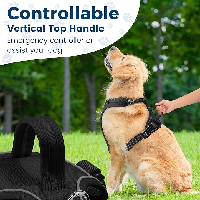 Funfox Dog Harness No Pull, Adjustable Dog Vest Harness Super Soft, 2 Leash Clips Anti Pull, Vertical Handle Easy to Control, Reflective Night Walking for Large Breed, Black, L