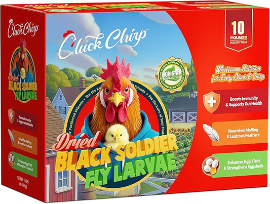 Dried Black Soldier Fly Larvae, Non-GMO, Natural Chicken Treats & High-Protein Poultry Snacks for Backyard Chickens, Laying Hens & Ducks, 10 lb Box