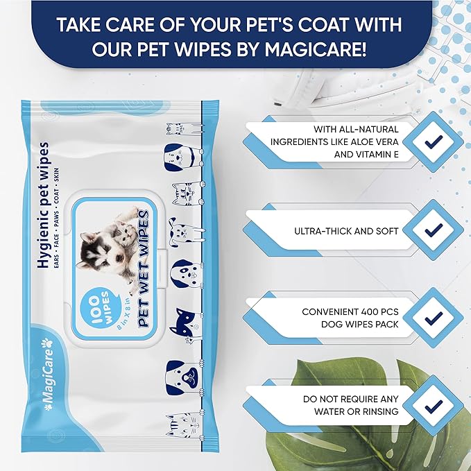 MAGICARE Pet Wipes – 400 pcs Dog Wipes – 8x8 Inch Unscented Dog Paw Cleaner Wipes for Body, Ears, Face, and Skin – Ultra Thick & Soft with Hypoallergenic Formula – Ideal Pet Wipes for Dogs & Cats
