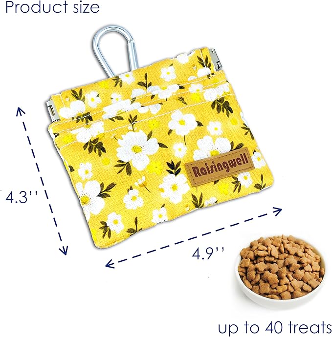 Dog Treat Pouch, Pocket Sized Pet Training Pouch, Cotton Fabric, Hand Free Yellow Flower Dog Walking Bag with Carabiner, Self-Closing Pet Feed Snack Reward, for Puppy Travel or Outdoor Use