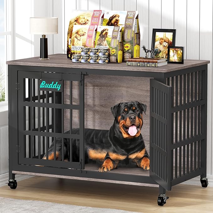 EasyCom 48"/42"/33" XXL Dog Crate Furniture with Casters, Heavy Duty Dog Kennel Indoor for Large Dogs, Escape-Proof and Chew-Proof Dog Cage for high Anxiety Dog, Decorate House as TV Stand, End Table