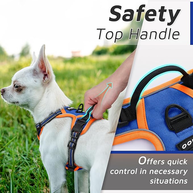 Eagloo Small Dog Harness No Pull, Service Vest with Reflective Strips and Control Handle, Adjustable and Comfortable for Walking, No Choke Pet Harness with 2 Metal Rings, Blue & Orange, XS