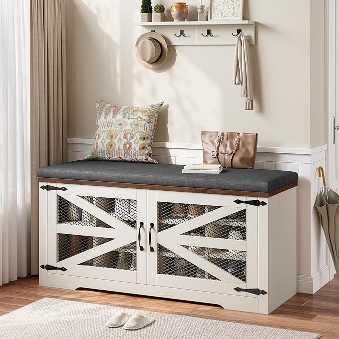 Farmhouse Storage Bench with Cushion, Metal and Wood Shoe Rack Organizer, Adjustable Shelf, Shoe Cabinet with Half Hidden Storage Space, for Entryway, Bedroom, Living Room (Old White, 43.3in)