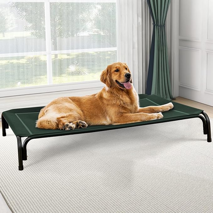 Elevated Dog Bed, Raised Outdoor Dog Bed for Large Sized Dog, Portable Cooling Pet Cot with Breathable & Washable Mesh, Indoor & Outdoor Pet Hammock with Skid-Resistant Feet.