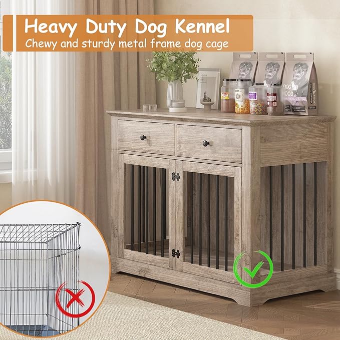 Dog Crate Furniture, 44 Inch Wooden Dog Kennel Indoor with 2 Storage Drawers, Heavy Duty Large Crate Furniture, Decorative End Table Cage Furniture for Small/Medium/Large (Grey)
