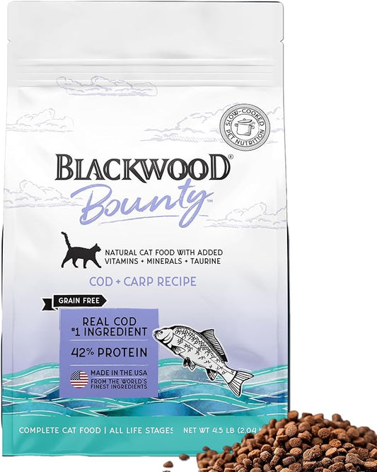 Blackwood Bounty Dry Cat Food, Cod & Carp Recipe for All Life Stages, 4.5 Pound Bag, High Protein, Grain Free