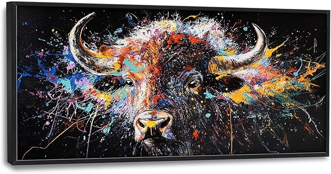 Framed Large Bison Buffalo Wall Art for Living Room, Oversized Graffiti Yak Cow Wall Decor Banksy Bull Canvas Painting Animal Pictures Modern Artwork for Living Room Bedroom Office 60"x30"