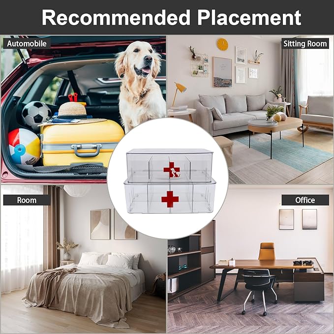 First Aid Box and Pet Frist Aid Storage Bin, Acrylic Medicine Kit Case Organizer Empty, Divided First Aid Storage Box Kit with Hinge Lid, Emergency Kit Storage Box for Family and Pet (Clear)