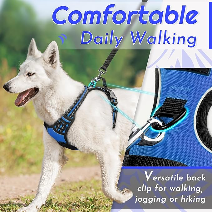Eagloo Dog Harness for Large Dogs, No Pull Service Vest with Reflective Strips and Control Handle, Adjustable and Comfortable for Walking, No Choke Pet Harness with 2 Metal Rings, Blue, XL