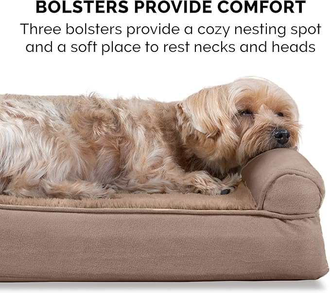 Furhaven Cooling Gel Dog Bed for Large Dogs w/ Removable Bolsters & Washable Cover, For Dogs Up to 95 lbs - Plush & Suede Sofa - Almondine, Jumbo/XL