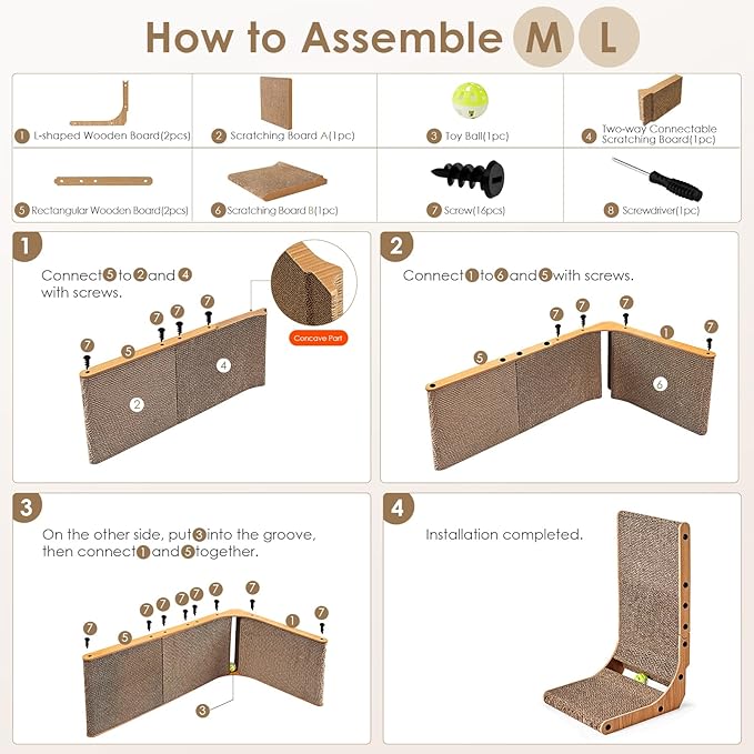 EHEYCIGA Cardboard Cat Scratcher for Indoor Kitten Cats, 19 Inch L Shaped Vertical Cat Scratching Board with Ball Cat Toy, Small Cat Scratcher Pad, Brown