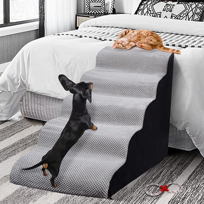 Dog Stairs&Steps for High Beds Up to 28'', 5-Step Dog Ramp for Small Medium Dogs with Washable Cover, Pet Steps for Cats to Get on Couch and Sofa, Durable Foam Ladders, 24.4" Tall, Grey