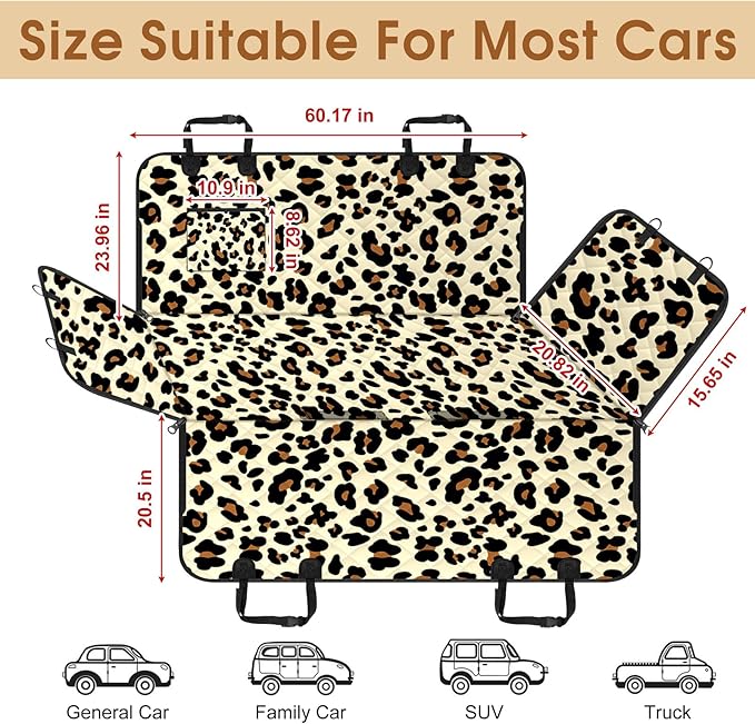 Dog Car Seat Cover, Durable Waterproof Scratch Proof Nonslip Dog Hammock, Back Seat Covers with Pocket for Cars SUVs and Trucks - S, Leopard/Black