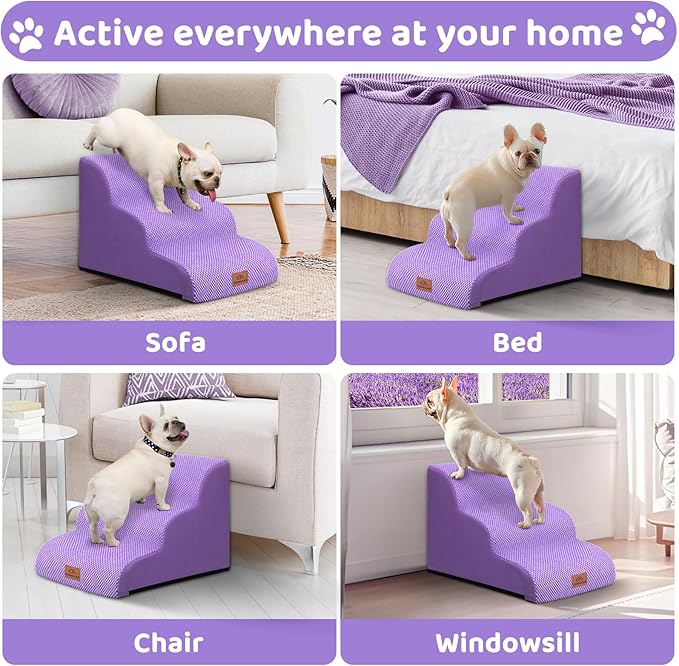Dog Ramp and Stair for Bed 16" H-20 H,3-Step Cat Stair for Sofa and Chair,4-Step Dog Ramp for High Bed and Window,Durable Nonslip Fabric Stair for Indoor (Purple-16 H, Pet Friendly, 3)