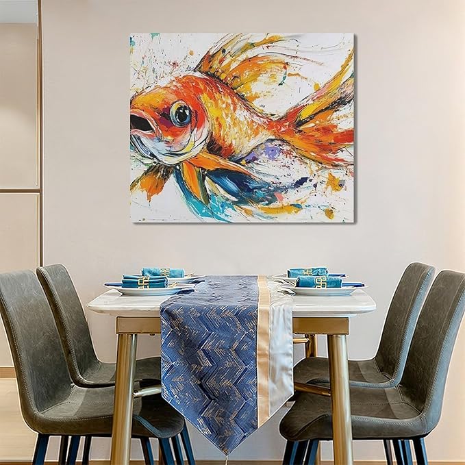 Framed Large Fish Wall Art for Living Room, Oversized Graffiti Goldfish Wall Decor Watercolor Fishing Canvas Painting Modern Artwork Home Decoration for Living Room Bedroom Office 60"x30"