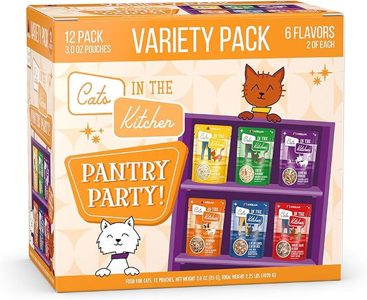 Weruva Cats in the Kitchen, Pantry Party Pouch Variety Pack in Gravy Cat Food, 3oz Pouch (Pack of 12)