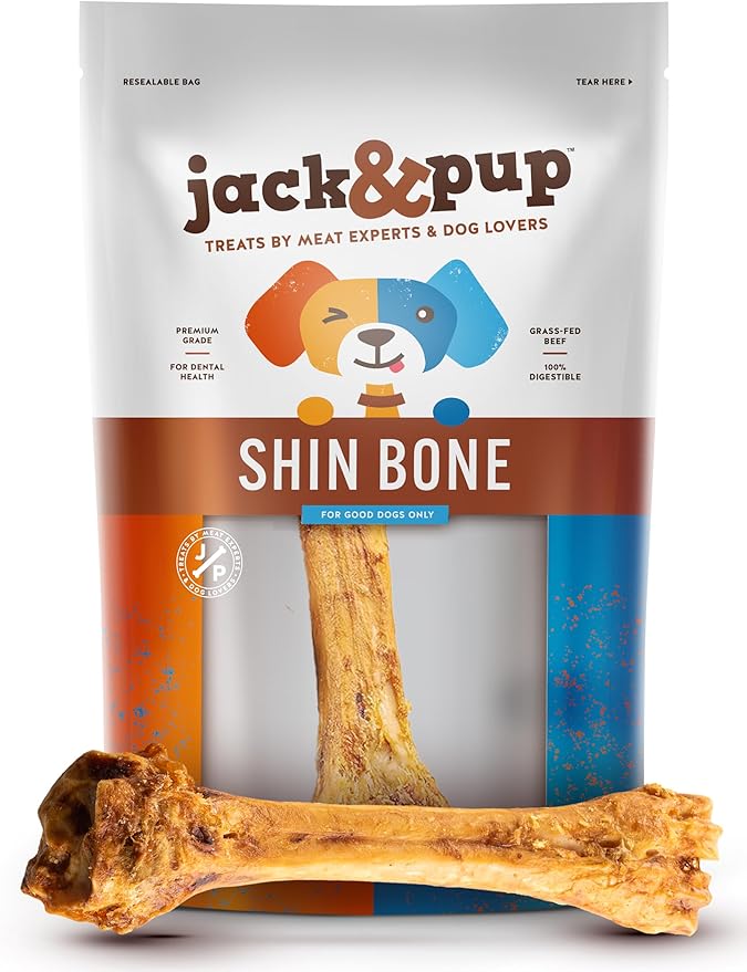 Jack&Pup 8-11” Shin Bones, Roasted Meaty Beef Bone for Dogs – Long Lasting Natural Dog Bones, Big Dog Bone for Large Dogs (1 Pack)