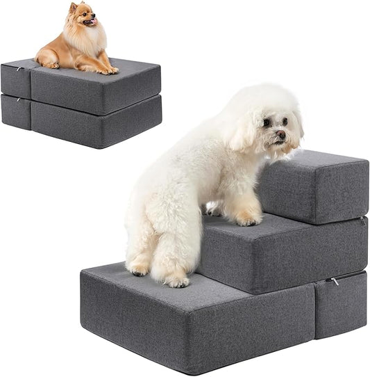 Foldable 18 Inch Wide 3 Step Wide Dog Stairs for Large Dogs, 18 Inch Height Foam Dog Steps for Bed & Couch, Linen Covered Pet Stairs for Dogs to Get on Bed, Outdoor Foam Pet Steps for for Cars & SUV