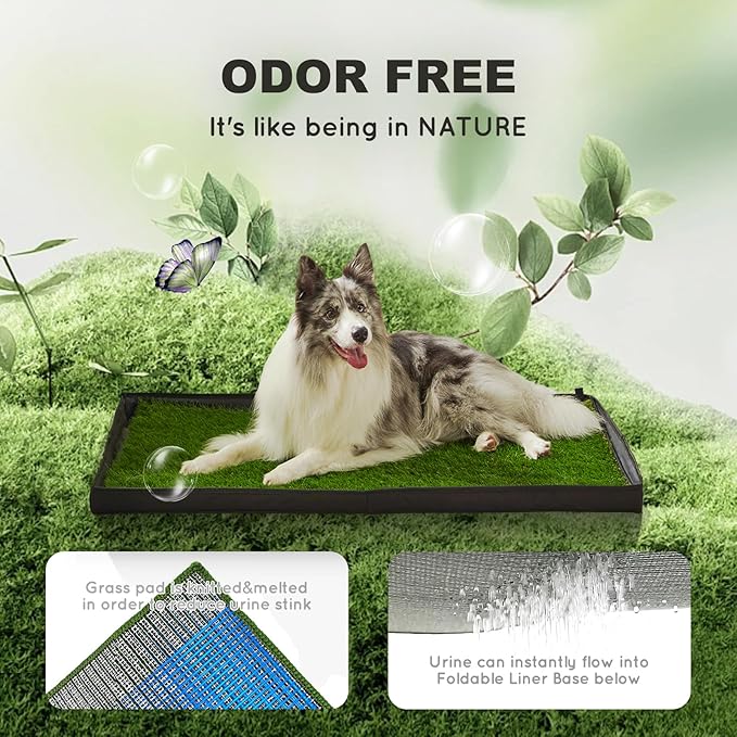 Dog Grass Pad with Foldable Dog Litter Box,Small Liner Base for Balcony，Ultra-Absorbent Artificial Grass Pads for Dogs Pee Pad Holder, Potty Training, 2 PCS Reusable Pee Pads