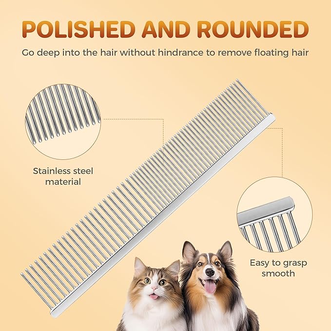 7.5 Inch Professional Stainless Steel Pet Grooming Comb for Dogs & Cats, Wide & Dense Teeth for Removing Tangles, Knots,Undercoat,Flea,Excess Hair, Rounded Corners Design for Safe,Metal Dematting Tool