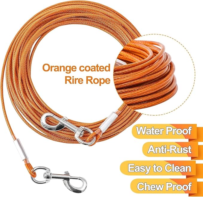 10FT Heavy Duty Dog Tie Out Cable for Large Dogs up to 125lbs, Durable Runner Tether Line (Orange)