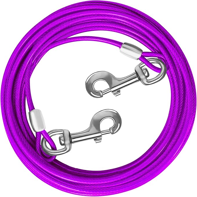 Dog Tie Out Cable 10/15/20/25/30 FT Runner for Yard Steel Wire Cable with Durable Superior Clips Purple Chains for Outside Dog Lead for Large Up to 165 Lbs