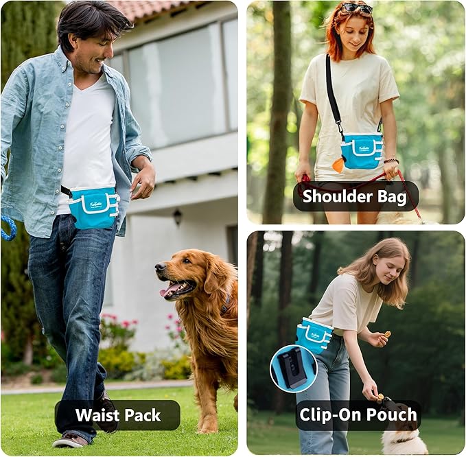 Dog Treat Pouch with Quick-Release Magnetic Closure, 3-Way Wear Treat Bags, 900D Waterproof Fabric, 4 Storage Spaces, Treat Pouch for Pet Training Walking (Blue)