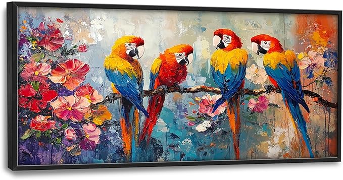 Extra Large Framed Parrot Bird Wall Art,Oversized Abstract Colorful Parrots Flower Wall Decor Pictures for Living Room,Canvas Print Painting Modern Artwork Bedroom Office Bathroom Home Decor 60L x30W