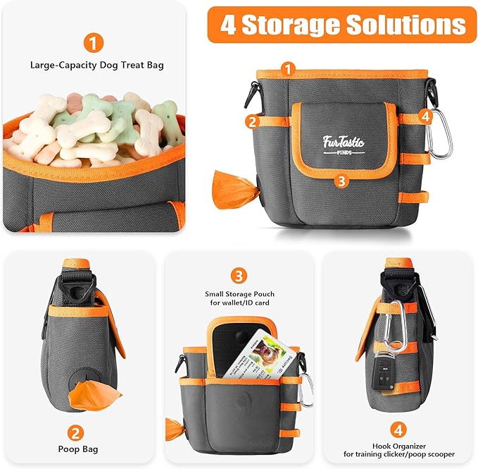 Dog Treat Pouch with Quick-Release Magnetic Closure, 3-Way Wear Treat Bags, 900D Waterproof Fabric, 4 Storage Spaces, Treat Pouch for Pet Training Walking (Grey)