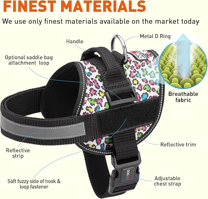 Dogline Dog Harness, Reflective No-Pull Adjustable Vest with Handle for Walking, Training, Breathable, No - Choke Harness for Small, Medium or Large Dogs Room for Patches Leopard Rainbow L 27"-34"