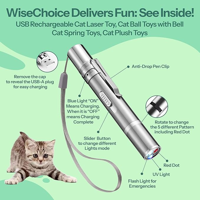 WiseChoice 15-in-1 Cat Toys, Rechargeable Dot Chase Light, Cat Spring Toy, Ball Toys with Bell and Plush Toy, Perfect for Solo or Interactive Gifts for Cats Kitten