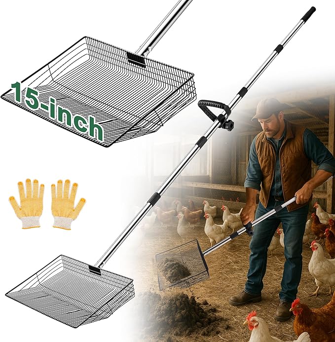 15-inch Large Chicken Poop Scooper, 5 in 1 Adjustable Chicken Coop Scoop with Ergonomic Grip, 24" to 77" Long Stainless Steel Sifting Litter Shovel Pooper Scooper Chicken Coop Accessories