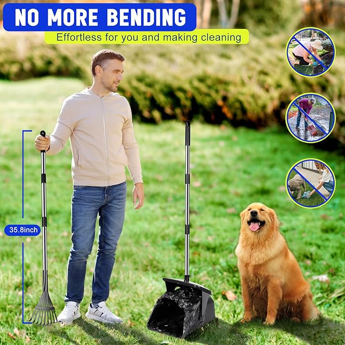 Dog Pooper Scooper with 20 Bag Attachment Long Handle Swivel Bin, Rake Heavy Duty Pooper Scooper for Large Medium Dogs Easy to Clean Poop Scooper for Yard, Grass, Gravel