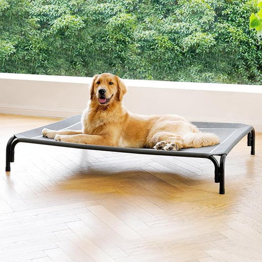Elevated Dog Bed Raised Outdoor Dog Cot for Extra Large Dogs, Installation Requires No Tools, Frame with Washable Cooling Breathable Mesh Anti-Slip Feet, Indoor Pet Bed, Grey, 48.8 Inches