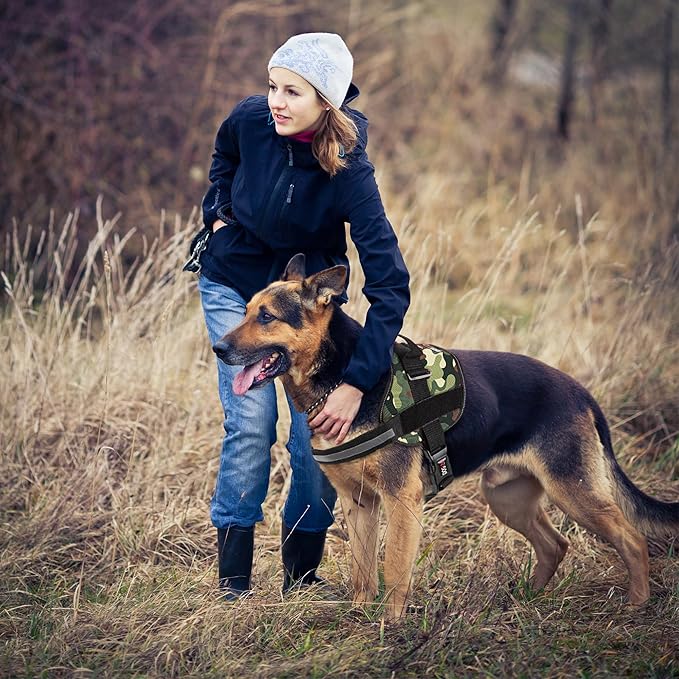 Dogline Dog Harness, Reflective No-Pull Adjustable Vest with Handle for Walking, Training, Breathable, No - Choke Harness for Small, Medium or Large Dogs Room for Patches Girth 15 to 18 in Green Camo