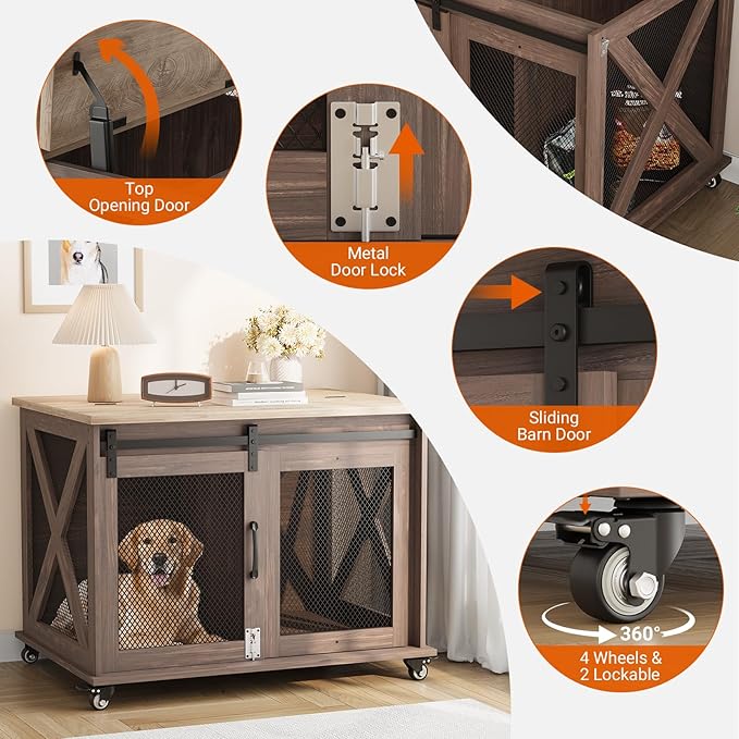 Dog Crate Furniture,37 Inch Indoor Dog Cage with Sliding Barn Door, Flip Top Dog Kennel End Table with Removable Divider, Farmhouse Wooden Pet House for Small to Middle Size Dogs