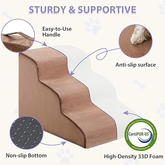 Dog Stairs for Small Dogs, 3-Steps Dog Ramp for Bed and Couch, Pet Stairs with Highly Supportive Foam and Non-Slip Bottom, Pet Steps for Cat & Doggie (High 15.7 Inch)
