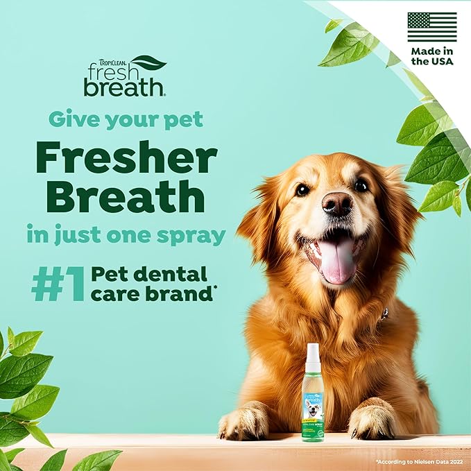 TropiClean Fresh Breath Oral Care Spray for Dogs & Cats | Dog Breath Spray | Mint Breath Freshener | Pet Bad Breath Treatment | Made in The USA | 4 oz