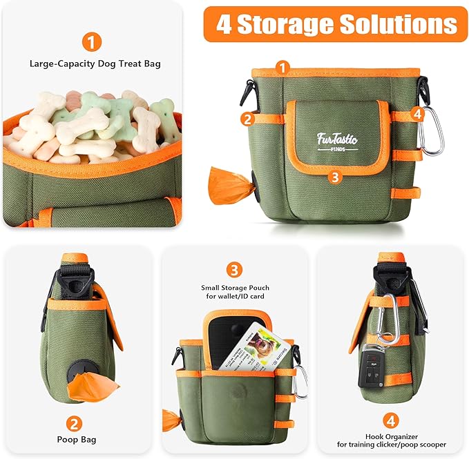 Dog Treat Pouch with Quick-Release Magnetic Closure, 3-Way Wear Treat Bags, 900D Waterproof Fabric, 4 Storage Spaces, Treat Pouch for Pet Training Walking (Green)