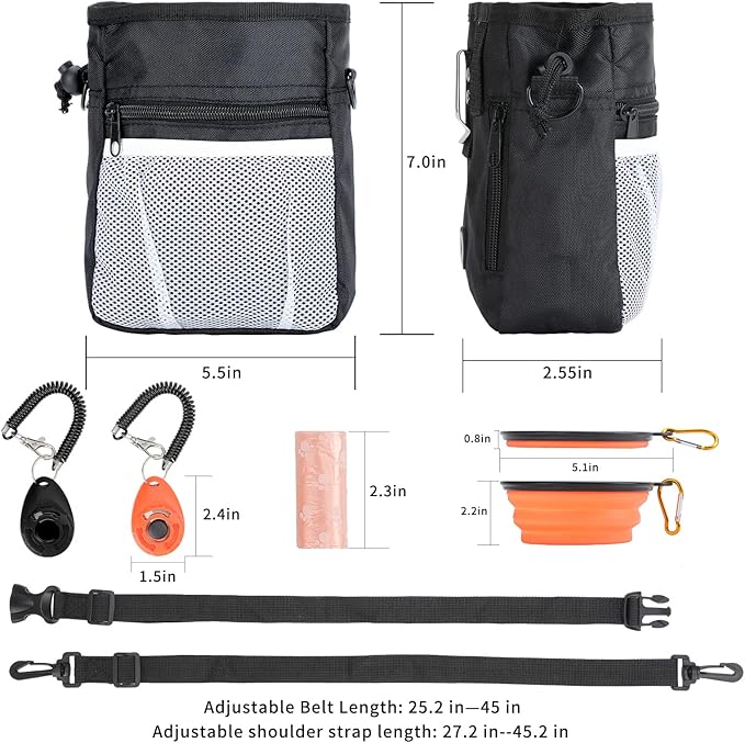 Dog Treat Pouch, 3 Ways to Wear Treat Pouches for Pet Training, Dog Training Treat Pouch with Waist Belt Shoulder Strap, Poop Bag, Collapsible Bowl, Dog Training Clicker