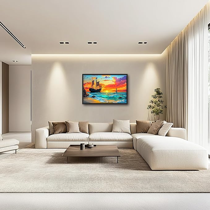 Framed Large Ship Wall Art for Living Room, Oversized Coastal Beach Boat Wall Decor Nautical Seascape Sailboat Canvas Painting Modern Artwork Home Decoration for Living Room Bedroom 36"x24"