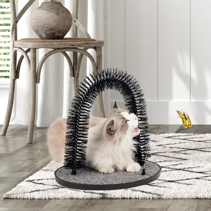 Pet Prime 2in1 Cat Arch Self Groomer for Indoor Cats, Back Scratcher Grooming Massage Brush With Sturdy Scratching Pad, Durable Brusher and Butterfly Toy