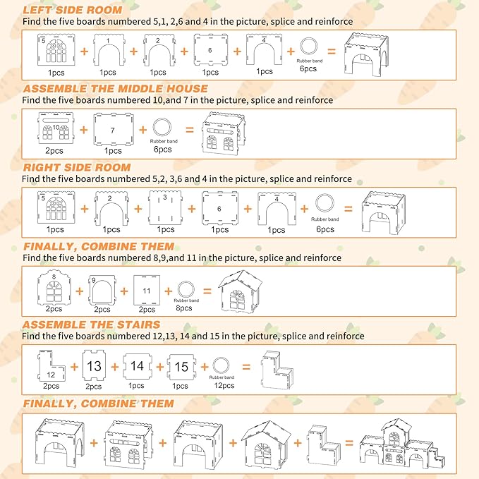 Extra Large Bunny Castle Hideout, Wooden Bunny House and Hideouts Detachable Rabbits Hideaway, Indoor Rabbit Castles Sturdy Small Animal Play Hideaway Hut for Rabbits, Guinea Pigs, Chinchillas