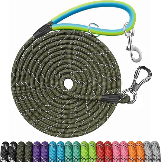 NTR Heavy Duty Dog Leash, 15 FT Training Leash, with 2 Swivel Hooks, Reflective Threads and Comfortable Padded Handle, Dog Lead for Walking, Hunting, Camping, Backyard for Small Medium and Large Dogs