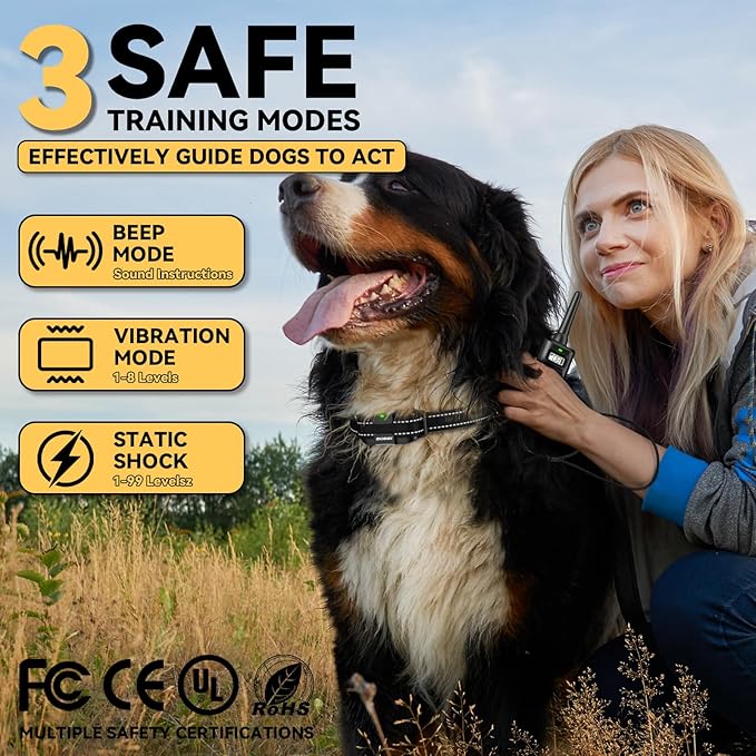 Dog Training Collar - 3200FT Dog Shock collalwith Remote Control, lPX7 Waterproof DogCollar with Beep, Vibration, Safe Shock 3Training Modes, Rechargeable E-Collar for AllSmall Medium Large Dogs