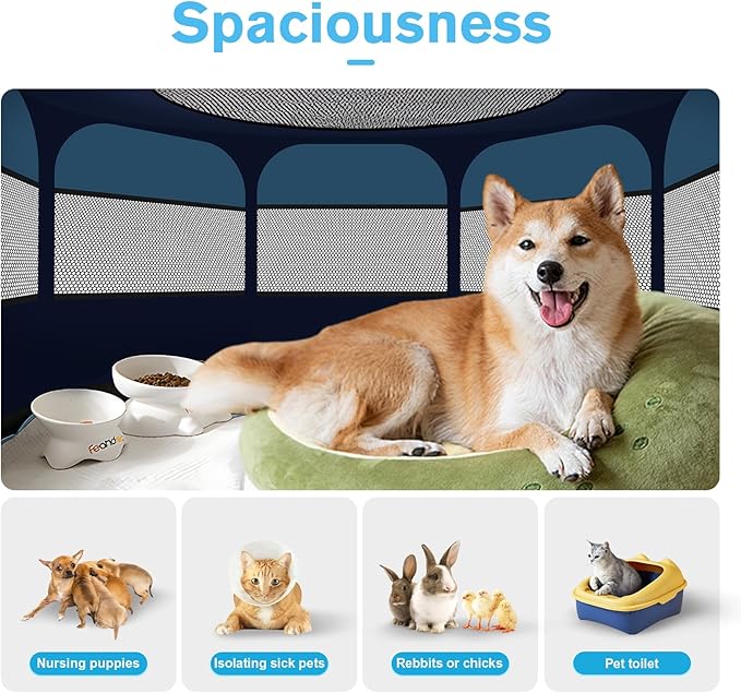 Dog Playpen, Pet Playpen, Portable Cat Playpen, Foldable Puppy Playpen Exercise Kennel Tent with Carry Case Collapsible Bowl,Water-Resistant Shade Cover for Indoor Outdoor Travel （Bule,Medium）