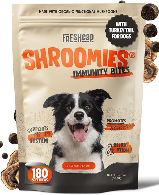 FreshCap Mushrooms Shroomies - 13 in 1 Turkey Tail Mushroom for Dogs, Super Blend Mushroom Supplement for Dogs, Dog Immune Support, Calming Treats (180 Soft Chews)