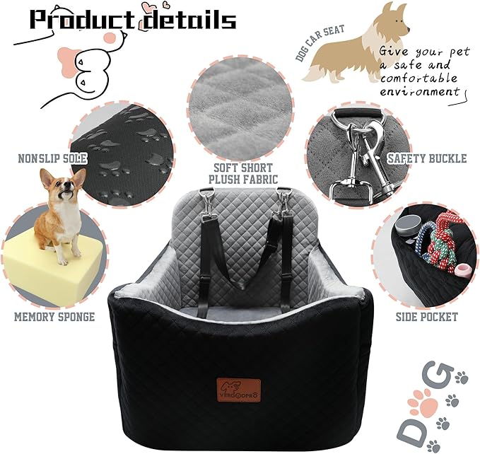 Dog Car Seats-Memory Sponge and Velvet Pet Booster Car Seat,Safety and Comfy,Ride Height 6" Elevated Enough to See Out The Window,Both Front and Back Seats Apply,Esay to Install and Clean.(H-Black)